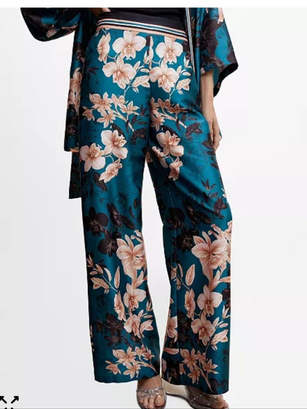 MNG M Teal Floral Pants Satin